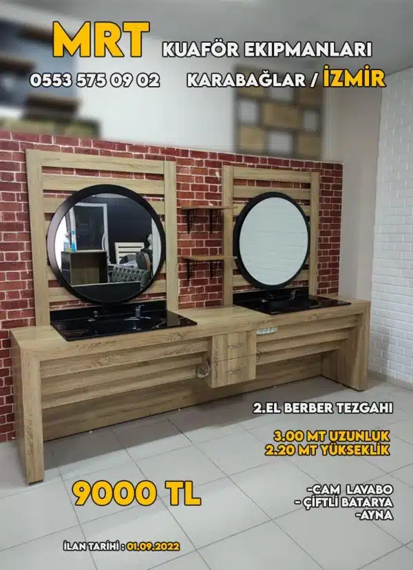 2.el Berber Tezgahı İkili Yuvarlak Ayna, İzmir Karabağlar