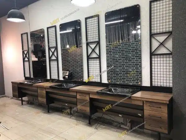 demirli kaliteli ve profesyonel ahşap görünümlü berber tezgahı