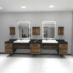 Berber Dükkanı İçin Dekorasyon Fikirleri 01 11 Berber Tezgahı MRT-383 – 300 cm, kumlamalı aynalı, LED Aynalı, lavabolu, İzmir Karabağlar imalatı