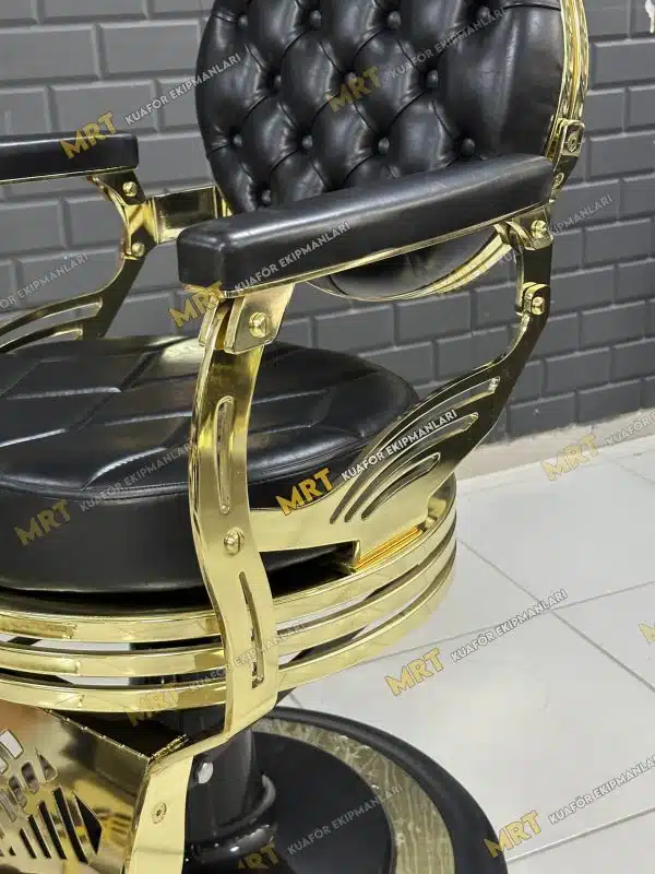 Berber Koltuğu MRT-151 GOLD 11 MRT-151 Berber Koltuğu - Lazer Kesim Metal Detaylar: Koltuğun estetik lazer kesim metal detayları ve gold kaplama yüzeyleri.