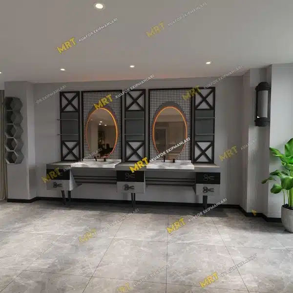 Berber Tezgahı MRT-389 – 300 cm, LED Aynalı, lavabolu, çekmeceli, İzmir Karabağlar imalatı