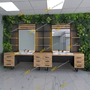 ahşap görünümlü mdf berber tezgahı seramik lavaboları led aydınlatmaları