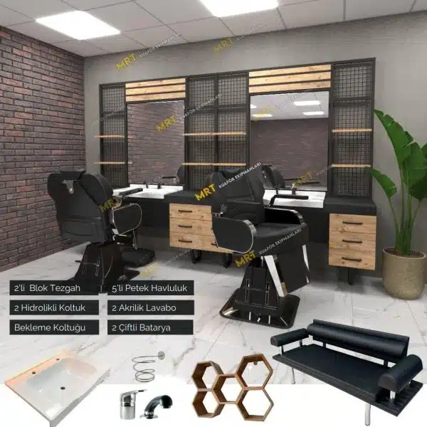 Berber Salonu Açılış Paketi: 2'li Tezgah, Hidrolik Koltuklar ve Tüm Her Şey ! 2 Berber salonu için 2'li tezgah, 2 hidrolik koltuk ve bekleme koltuğu