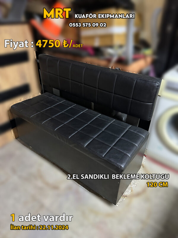 2.el sandıklı kuaför berber bekleme koltuğu, siyah mobilya ve siyah deri kaplamalı