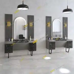 mermer desenli detayları olan antrasit gri renginde tekli berber tezgahları, ledli aynaları ve kuaförler için özel üretilen berber lavabosuyla birlikte çok şık bir tasarım