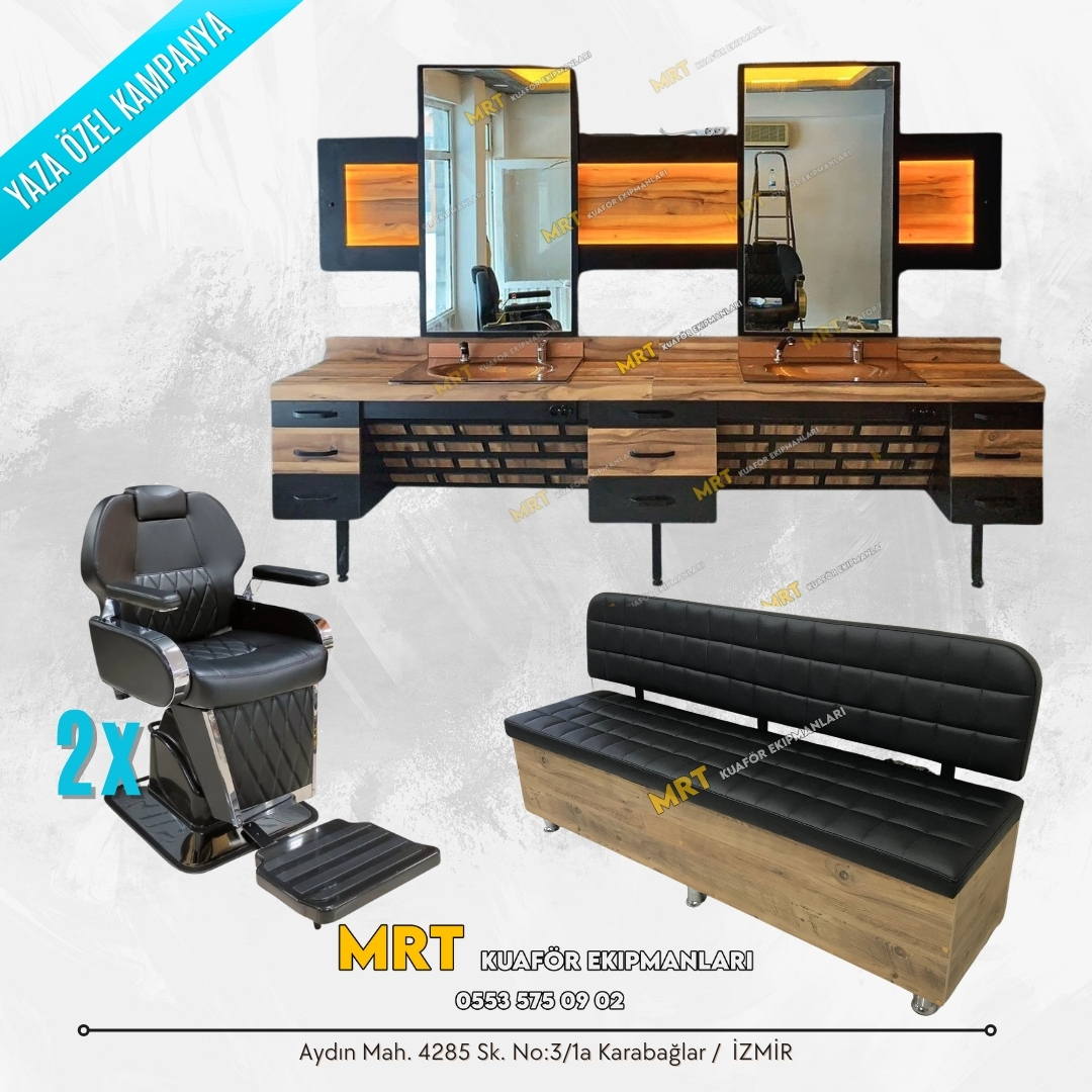 Yaza Özel Berber Paketi | Modern Tasarımlı Salon Başlangıç Seti 1 Yaza Özel Modern Berber Paketi - 2 adet Berber Koltuğu, Aydınlatmalı Tezgah, Depolamalı Bekleme Bankı