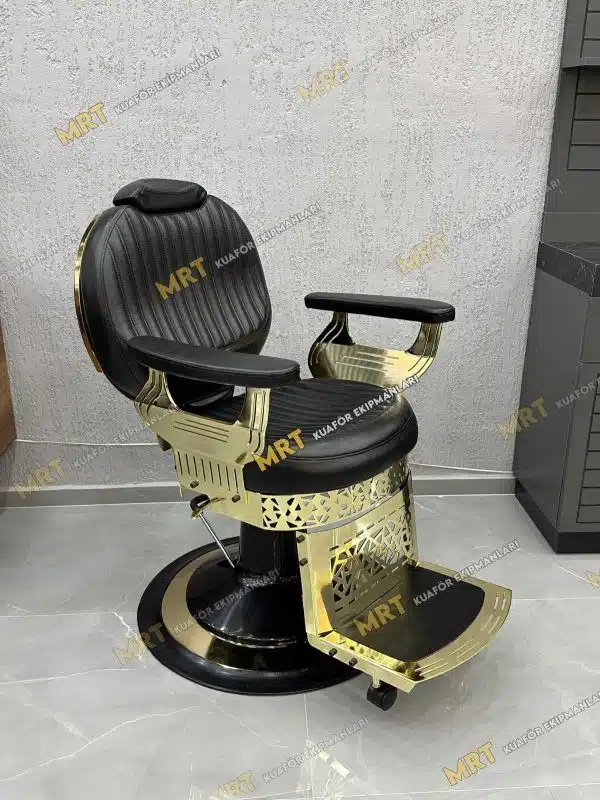 Altın kaplama metal detaylara sahip MRT-125 Gold berber koltuğu