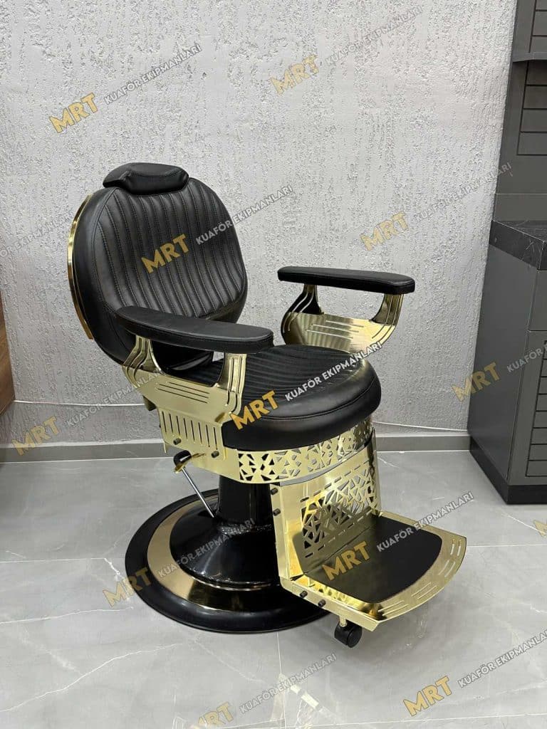 Altın kaplama metal detaylara sahip MRT-125 Gold berber koltuğu