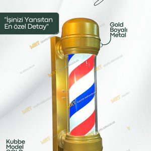 Tepe lambalı berber direği, döner mekanizma ve ışıklı tasarım. Barber Pole