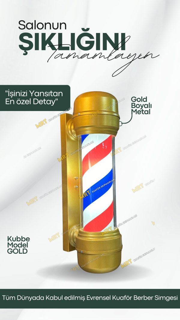 Tepe lambalı berber direği, döner mekanizma ve ışıklı tasarım. Barber Pole
