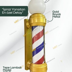 Gold berber direği detay görüntüsü, paslanmaz çelik ve pleksiglass, ışıklı ve döner elektrikli barber pole