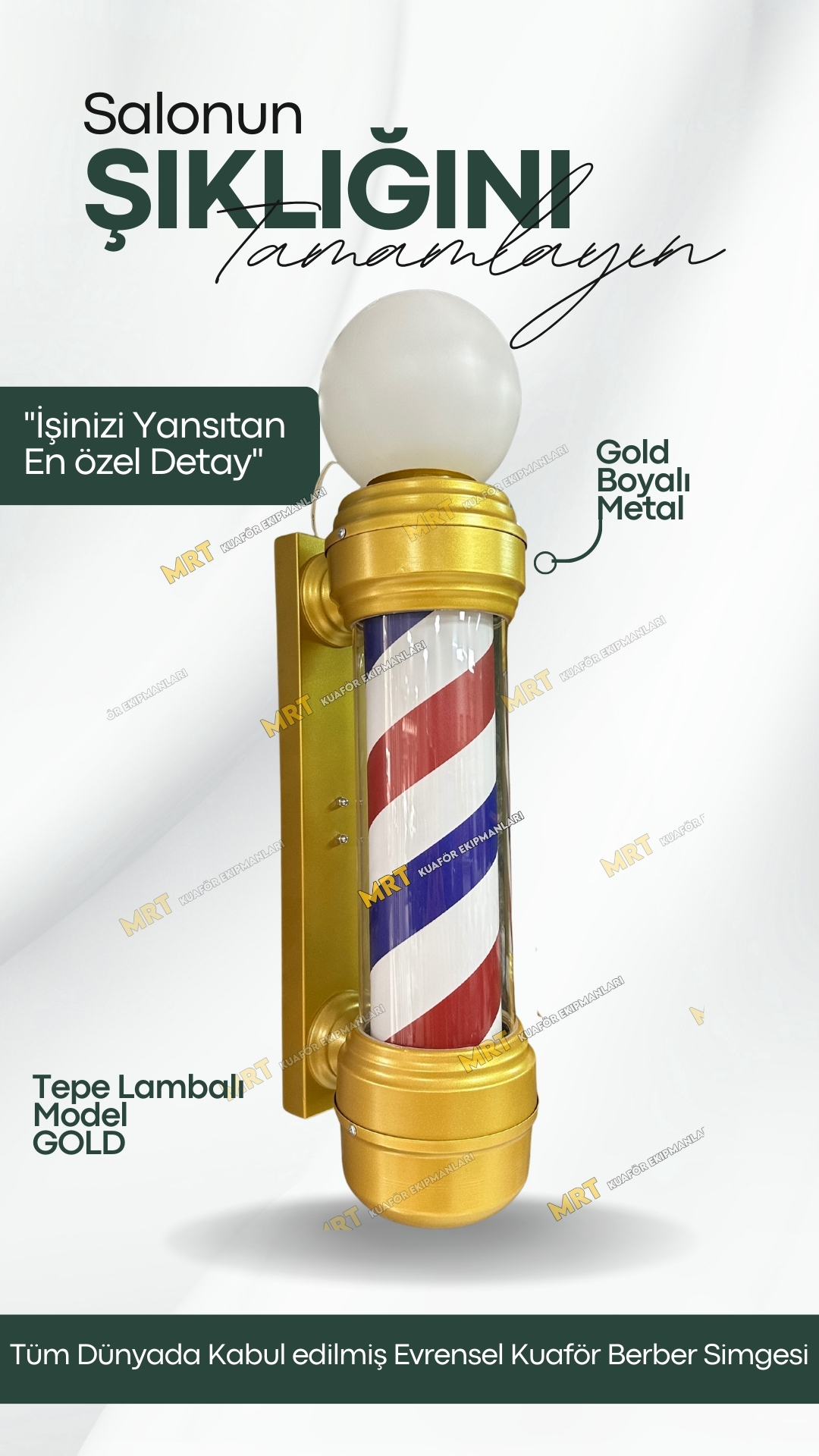 Berber Direği – Tepelambalı Gold 1 Gold berber direği detay görüntüsü, paslanmaz çelik ve pleksiglass, ışıklı ve döner elektrikli barber pole
