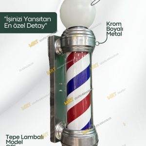 Tepe lambalı barber pole, döner mekanizma ve ışıklı tasarım