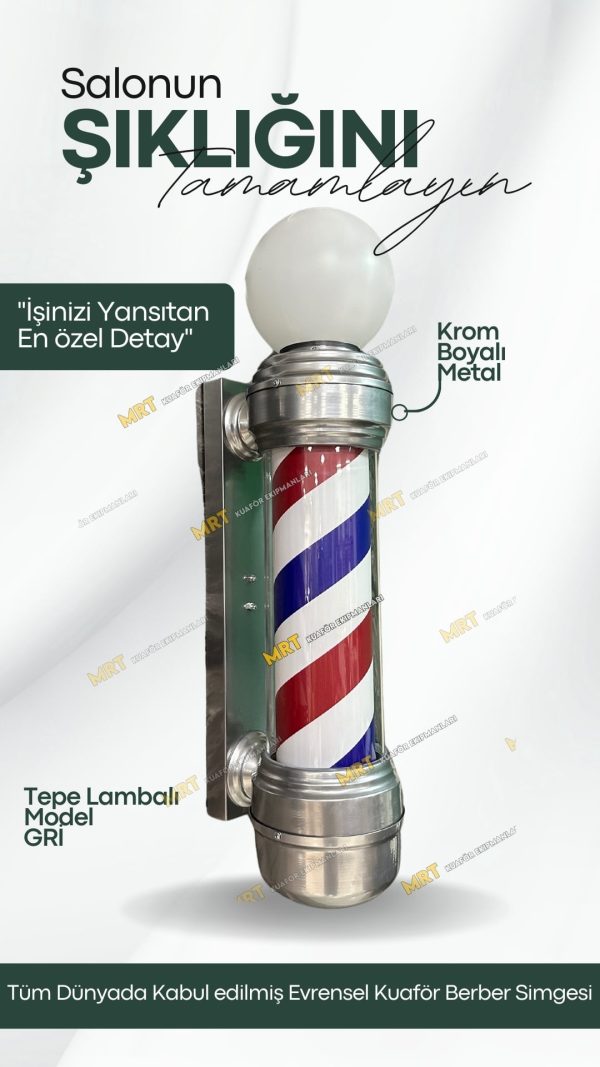 Tepe lambalı barber pole, döner mekanizma ve ışıklı tasarım