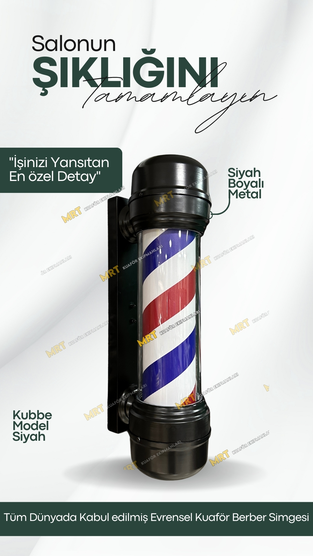 Berber Direği – Kubbe Siyah 1 Kubbe model ışıklı berber direği, paslanmaz çelik gövde ve pleksiglass malzeme
