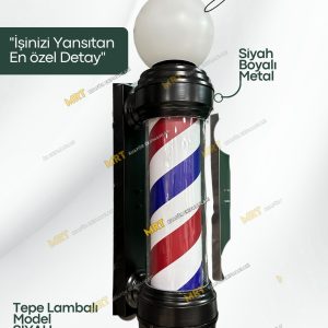 Kubbe model siyah ışıklı barber pole, paslanmaz çelik gövde ve pleksiglass malzeme