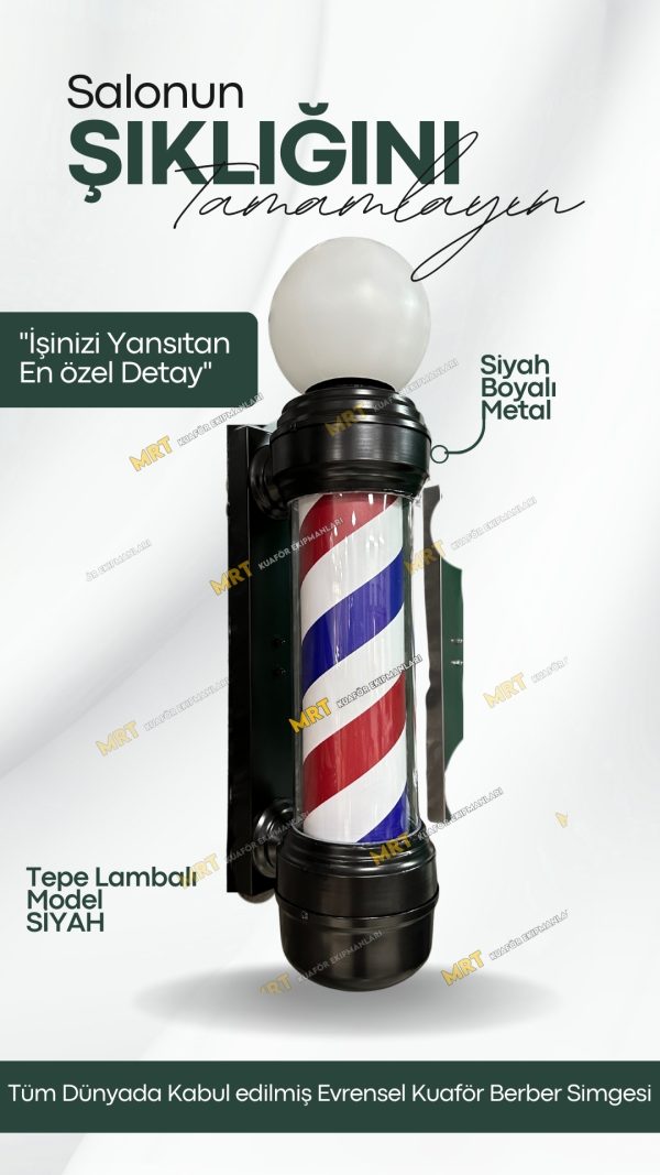 Kubbe model siyah ışıklı barber pole, paslanmaz çelik gövde ve pleksiglass malzeme