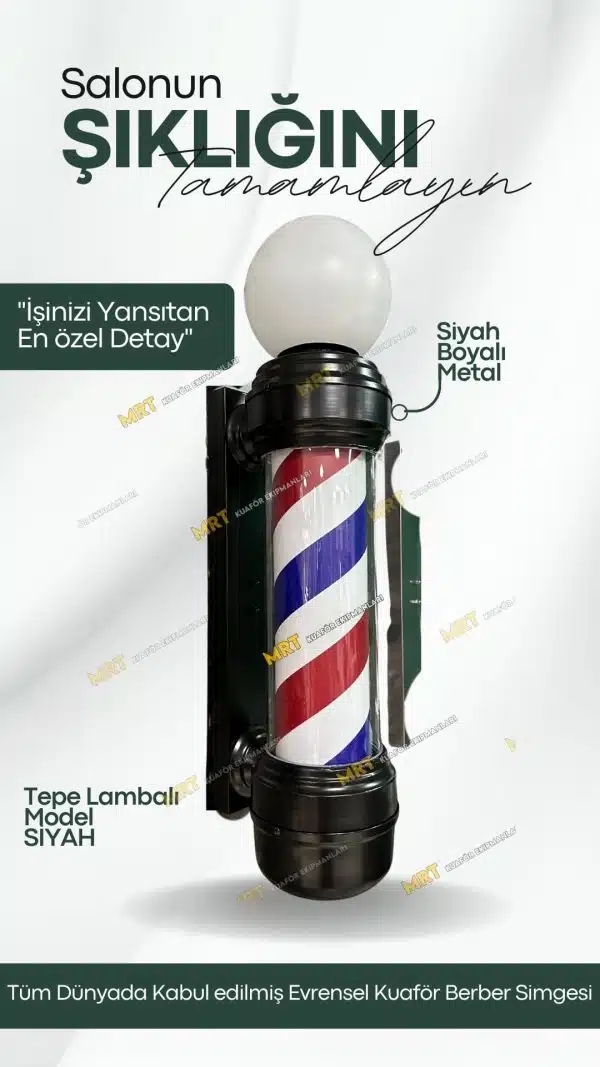 Anasayfa 50 Kubbe model siyah ışıklı barber pole, paslanmaz çelik gövde ve pleksiglass malzeme