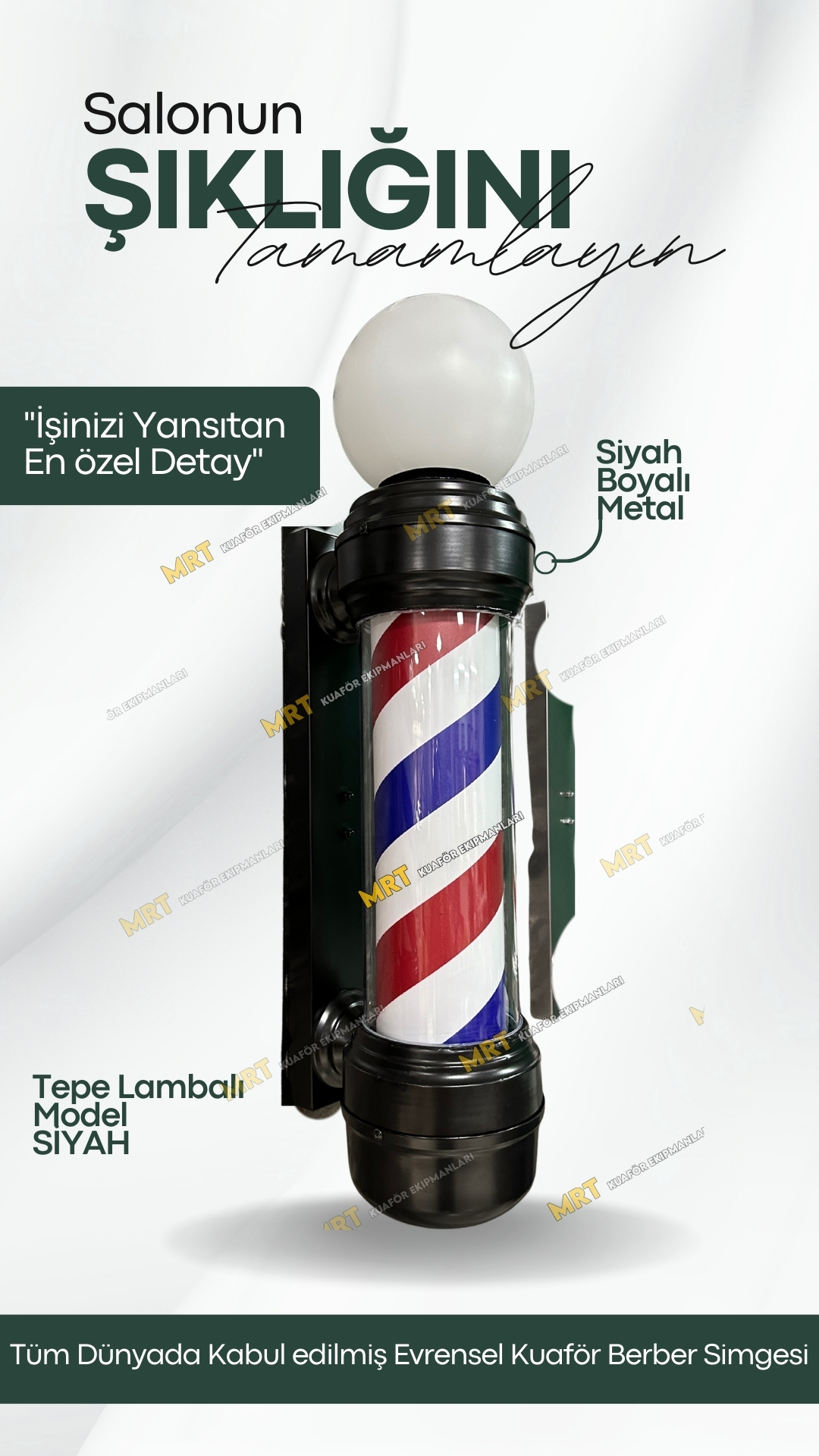 Berber Direği – Tepelambalı Siyah 1 Kubbe model siyah ışıklı barber pole, paslanmaz çelik gövde ve pleksiglass malzeme