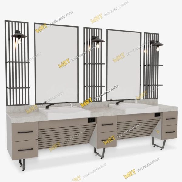 açık renkli mdf, Mermer desenli üst tabla ve akrilik lavabo detayları bulunan çift kişilik berber tezgahı
