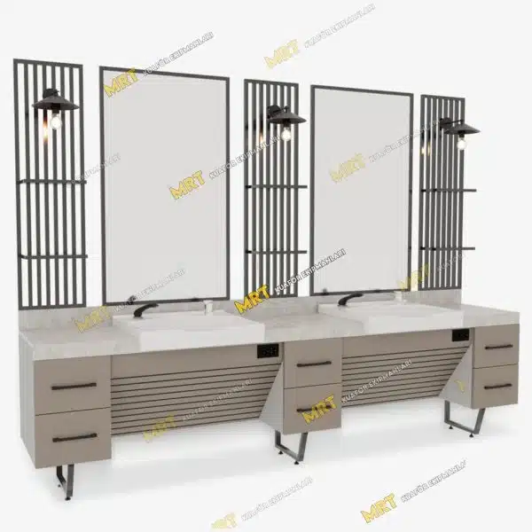 açık renkli mdf, Mermer desenli üst tabla ve akrilik lavabo detayları bulunan çift kişilik berber tezgahı