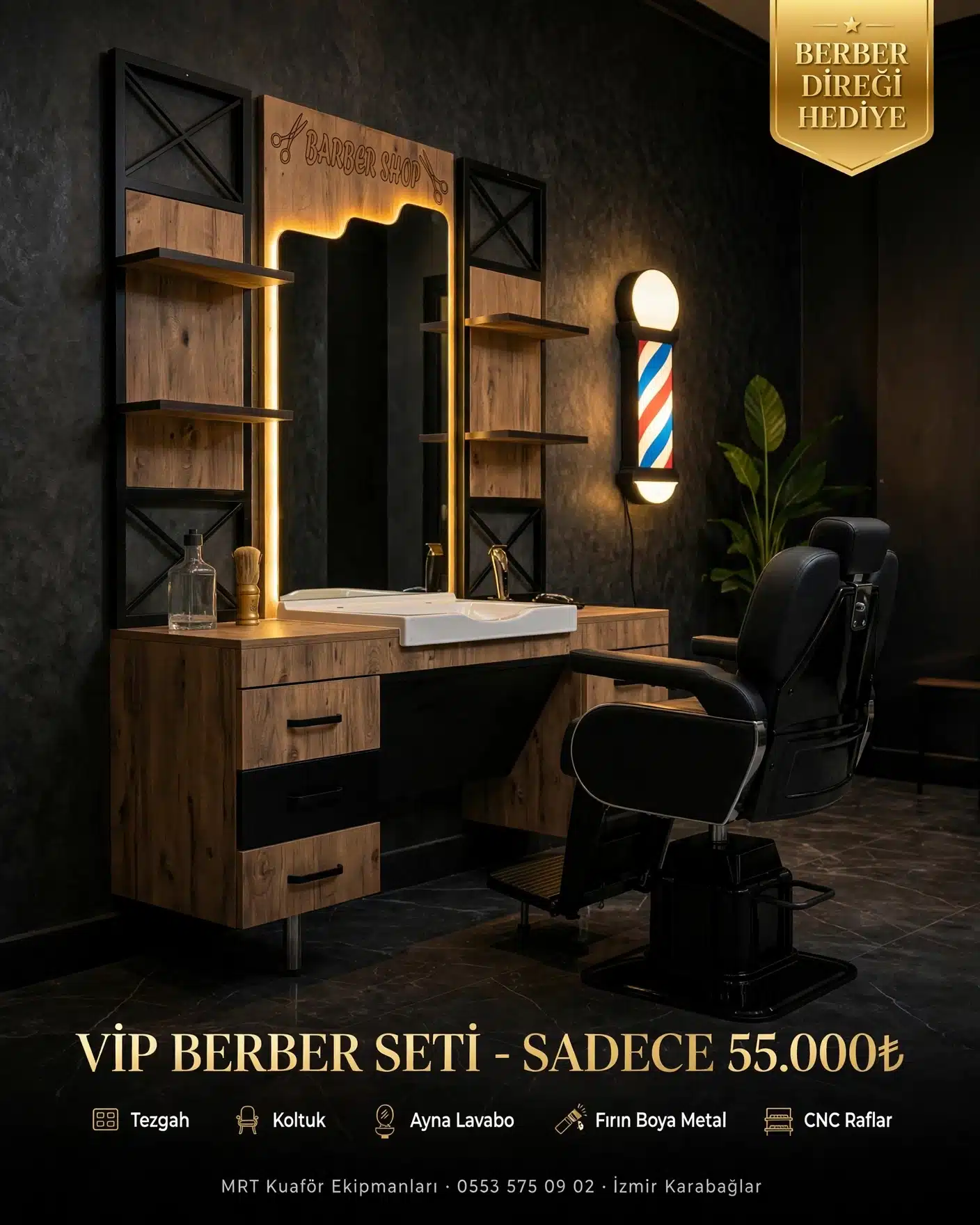 Tekli Berber Seti - 1 Tezgah 1 Koltuk 1 İzmir Karabağlar üretim lüks tekli vip berber seti ve koltuğu