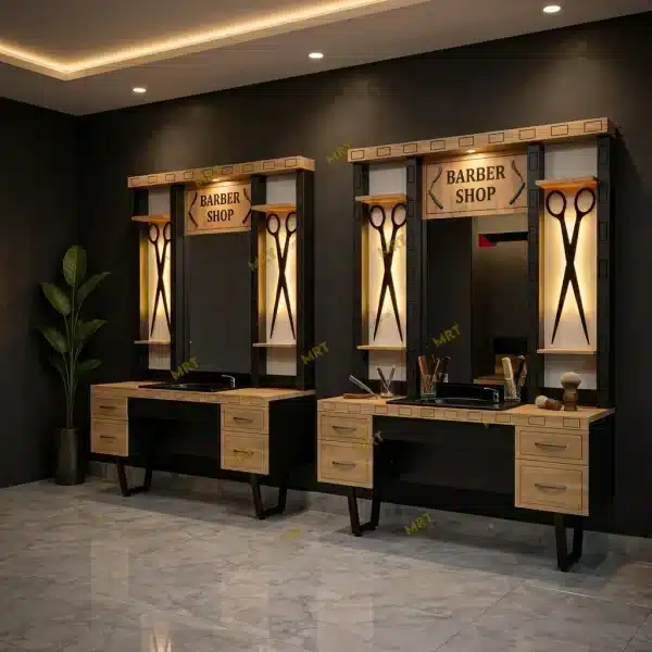 Anasayfa 37 Ahşap makas dekorlu ışıklı berber tezgahı üzerinde siyah lavabo ve 4 adet ahşap çekmece ünitesi