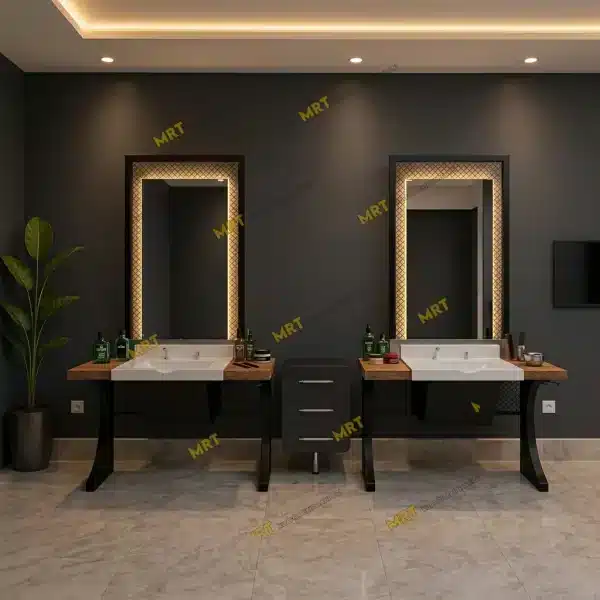 Endüstriyel ayaklı ahşap berber tezgahı led aydınlatmalı kare ayna ve beyaz seramik lavabo detaylı