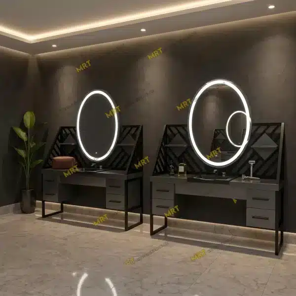Geometrik panelli antrasit LED aynalı berber tezgahı oval ayna ve çekmeceli gövde