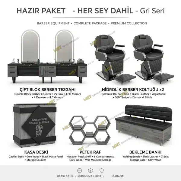 Anasayfa 33 Gri seri ikili berber seti oval led aynalı gri siyah çalışma tezgahları ve siyah deri koltuklar