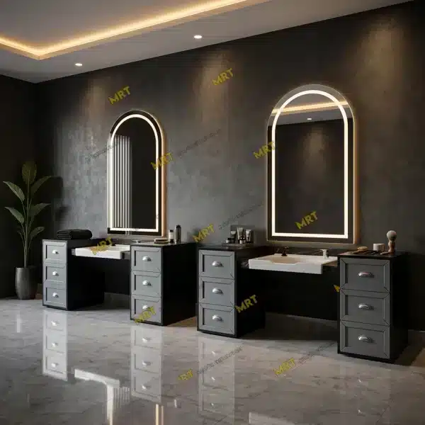 Kemer led aynalı antrasit berber tezgahı ile gri çekmeceli ve lavabolu çalışma istasyonu