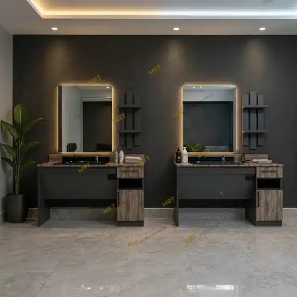 Led aynalı antrasit ahşap berber tezgahı modelleri entegre lavabo ve ahşap kaplama çekmece detayları
