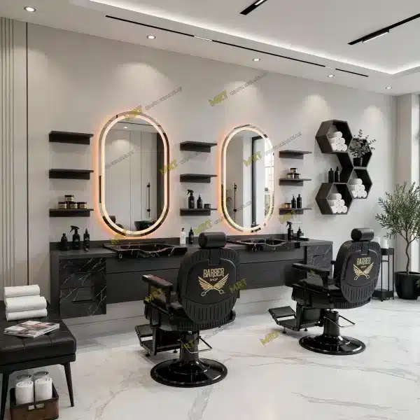 Anasayfa 27 Siyah mermer desenli ikili berber seti oval LED aynalı tezgahlar ve nakışlı siyah traş koltukları.